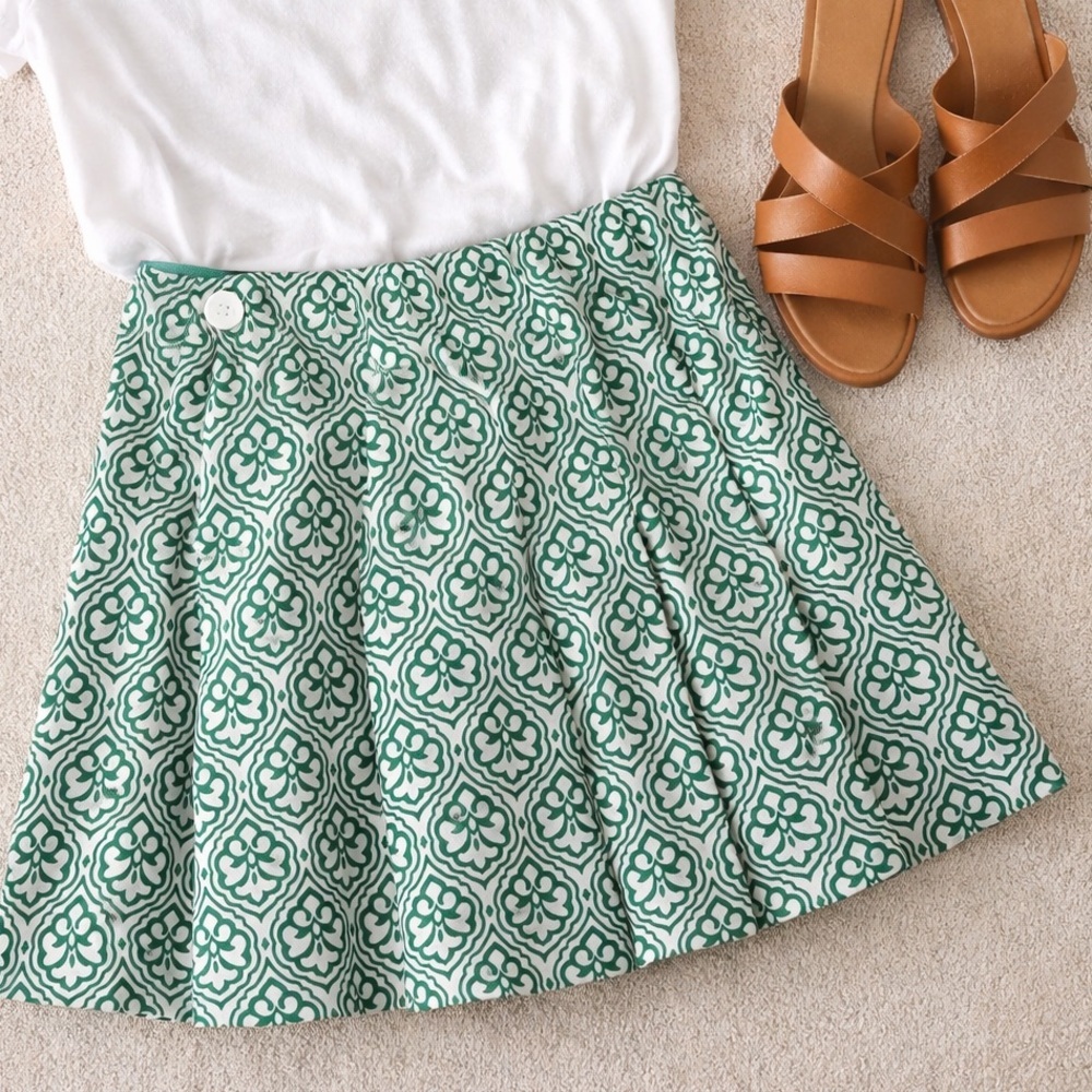 THML Boho A-Line Mini Skirt Green White Print Pleated Summer Size S